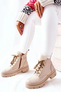 Clearance Boto Skórzane Ocieplane Botki Beżowe Molissa