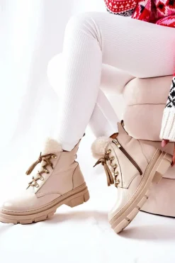 Clearance Boto Skórzane Ocieplane Botki Beżowe Molissa