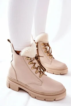 Clearance Boto Skórzane Ocieplane Botki Beżowe Molissa