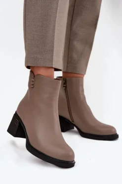 Clearance Skórzane Ocieplane Botki Damskie Na Klocku Vinceza 91159 Ciemnobeżowe Damskie Botki Ocieplane|Botki Skórzane