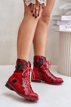 Outlet Skórzane Ocieplane Botki Damskie Na Płaskim Obcasie 06106-08 Czerwone Damskie Botki Maciejka|Botki Skórzane