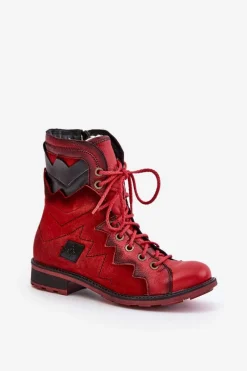 Outlet Skórzane Ocieplane Botki Damskie Na Płaskim Obcasie 06106-08 Czerwone Damskie Botki Maciejka|Botki Skórzane