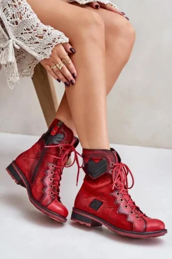 Outlet Skórzane Ocieplane Botki Damskie Na Płaskim Obcasie 06106-08 Czerwone Damskie Botki Maciejka|Botki Skórzane