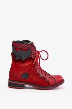 Outlet Skórzane Ocieplane Botki Damskie Na Płaskim Obcasie 06106-08 Czerwone Damskie Botki Maciejka|Botki Skórzane