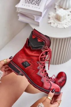 Outlet Skórzane Ocieplane Botki Damskie Na Płaskim Obcasie 06106-08 Czerwone Damskie Botki Maciejka|Botki Skórzane