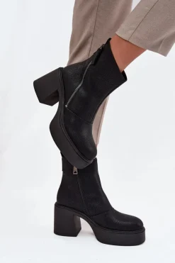 Sale Buty damskie Vinceza Skórzane Ocieplane Botki Damskie Na Słupku I Platformie Vinceza 66831 Czarne