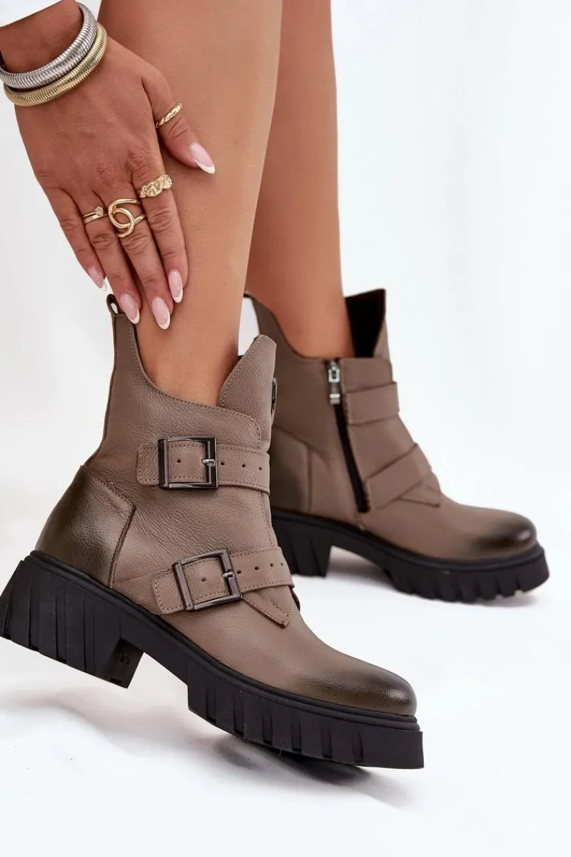 New Skórzane Ocieplane Botki Damskie Z Klamrami I Ozdobnym Detalem 60482 Ciemnobeżowe Damskie Botki Ocieplane|Botki Na Obcasie
