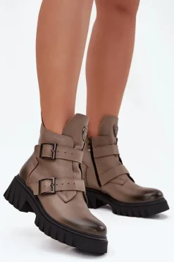 New Skórzane Ocieplane Botki Damskie Z Klamrami I Ozdobnym Detalem 60482 Ciemnobeżowe Damskie Botki Ocieplane|Botki Na Obcasie