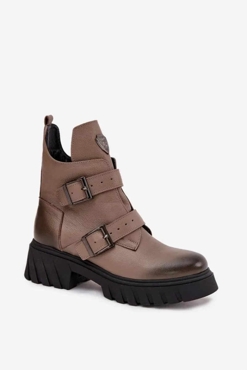 New Skórzane Ocieplane Botki Damskie Z Klamrami I Ozdobnym Detalem 60482 Ciemnobeżowe Damskie Botki Ocieplane|Botki Na Obcasie
