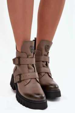 New Skórzane Ocieplane Botki Damskie Z Klamrami I Ozdobnym Detalem 60482 Ciemnobeżowe Damskie Botki Ocieplane|Botki Na Obcasie