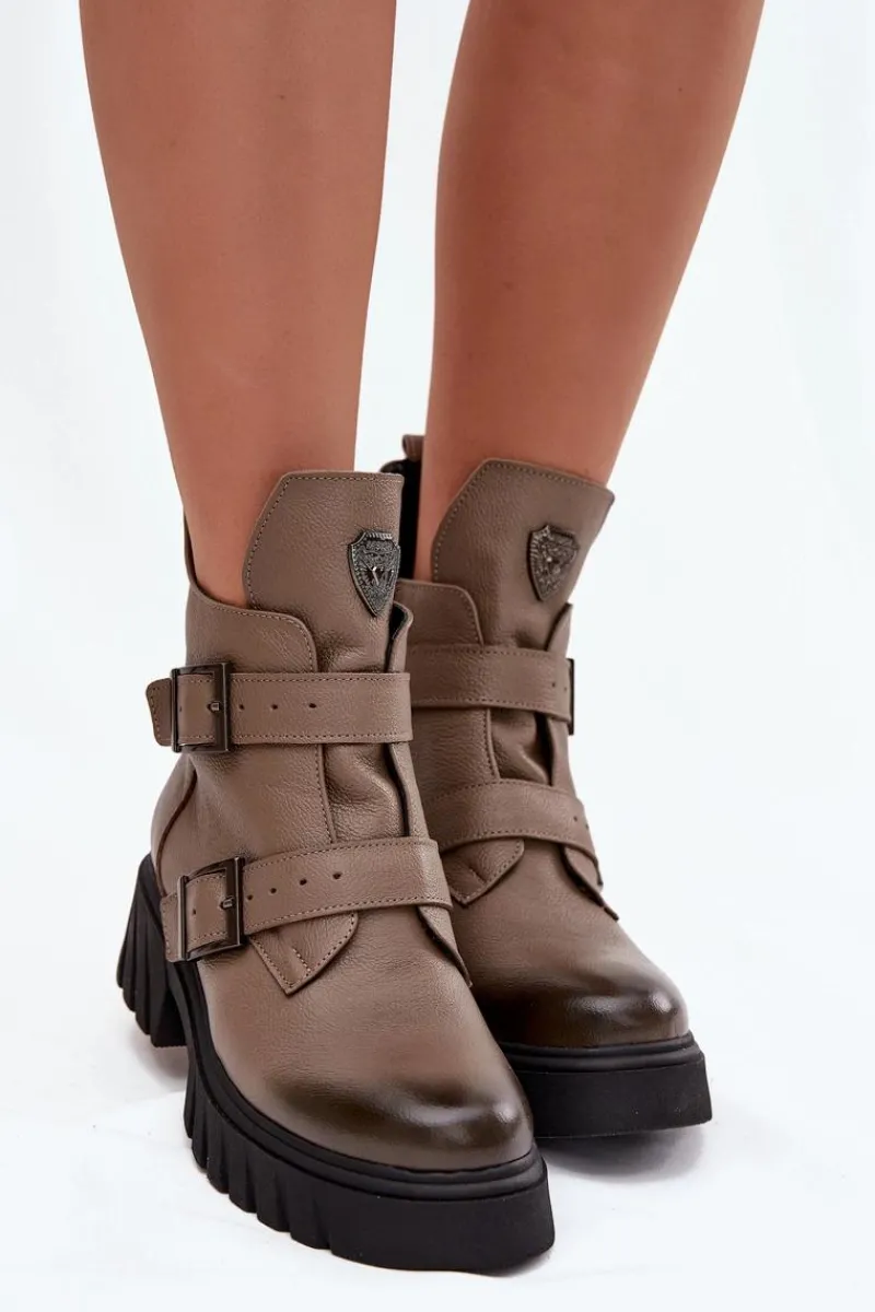 New Skórzane Ocieplane Botki Damskie Z Klamrami I Ozdobnym Detalem 60482 Ciemnobeżowe Damskie Botki Ocieplane|Botki Na Obcasie