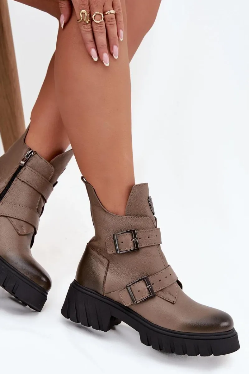 New Skórzane Ocieplane Botki Damskie Z Klamrami I Ozdobnym Detalem 60482 Ciemnobeżowe Damskie Botki Ocieplane|Botki Na Obcasie
