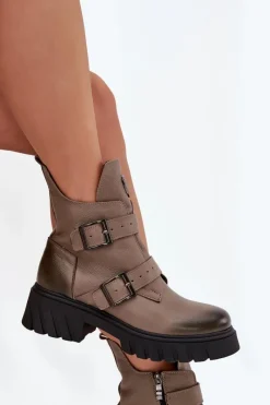 New Skórzane Ocieplane Botki Damskie Z Klamrami I Ozdobnym Detalem 60482 Ciemnobeżowe Damskie Botki Ocieplane|Botki Na Obcasie