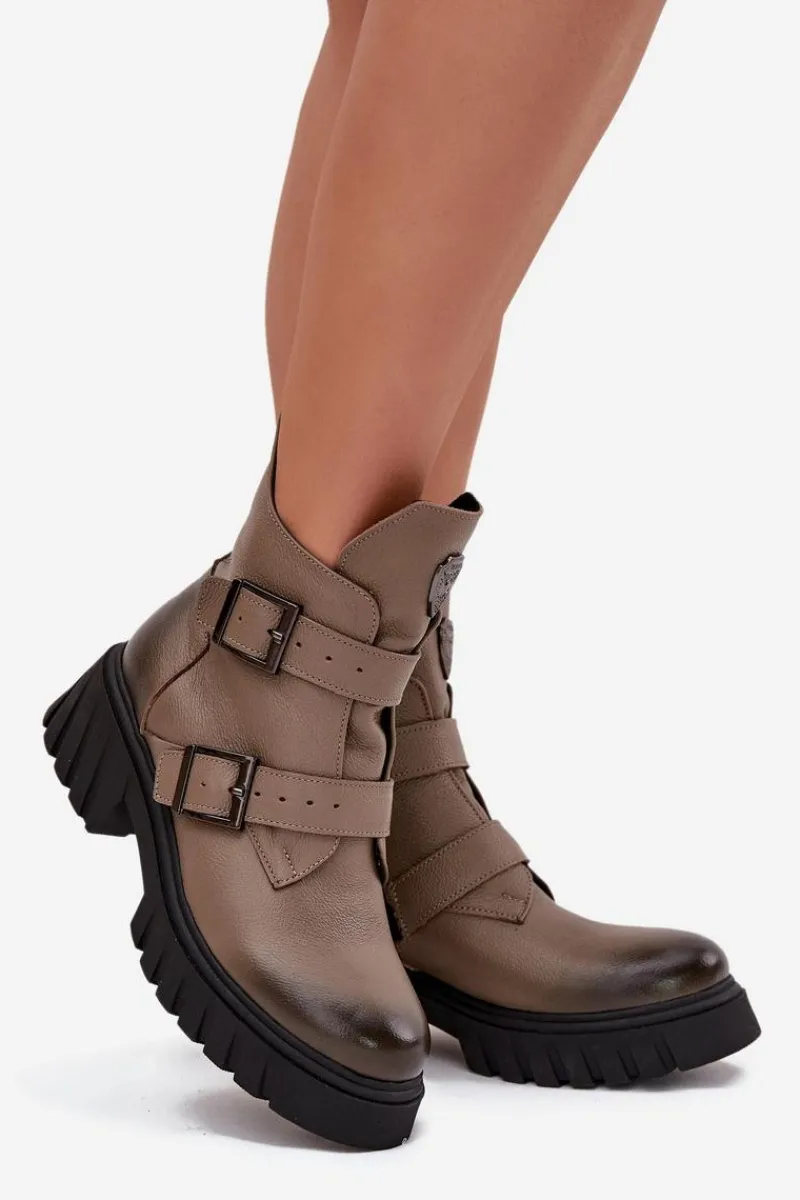 New Skórzane Ocieplane Botki Damskie Z Klamrami I Ozdobnym Detalem 60482 Ciemnobeżowe Damskie Botki Ocieplane|Botki Na Obcasie