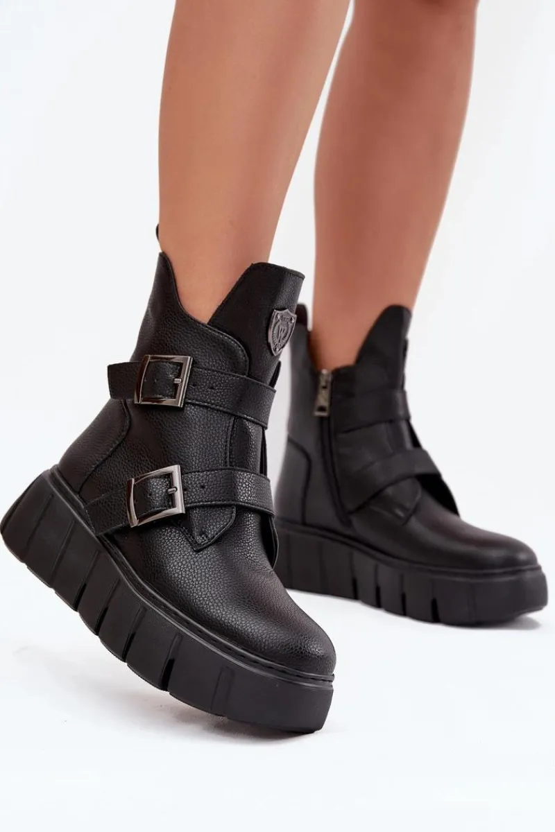 Sale Skórzane Ocieplane Botki Damskie Na Platformie Z Klamrami Vinceza 66842 Czarne Damskie Botki Ocieplane|Botki Skórzane