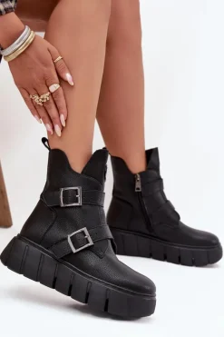 Sale Skórzane Ocieplane Botki Damskie Na Platformie Z Klamrami Vinceza 66842 Czarne Damskie Botki Ocieplane|Botki Skórzane