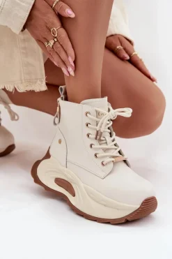 GOE Skórzane Ocieplane Botki Damskie Na Platformie SS2N4300 Jasnobeżowe Beżowy