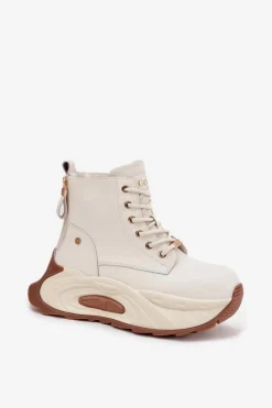 GOE Skórzane Ocieplane Botki Damskie Na Platformie SS2N4300 Jasnobeżowe Beżowy