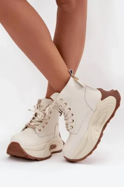 GOE Skórzane Ocieplane Botki Damskie Na Platformie SS2N4300 Jasnobeżowe Beżowy