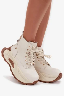 GOE Skórzane Ocieplane Botki Damskie Na Platformie SS2N4300 Jasnobeżowe Beżowy