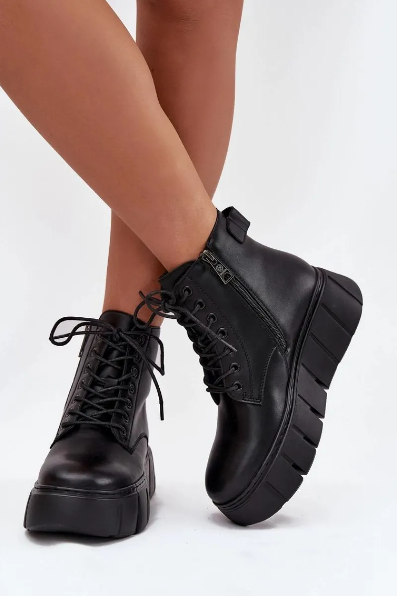 Skórzane Ocieplane Botki Damskie Na Platformie Vinceza 66803 Czarne Damskie Botki Ocieplane|Botki Skórzane