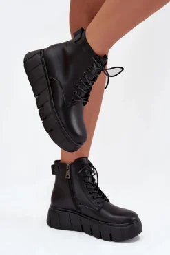 Skórzane Ocieplane Botki Damskie Na Platformie Vinceza 66803 Czarne Damskie Botki Ocieplane|Botki Skórzane