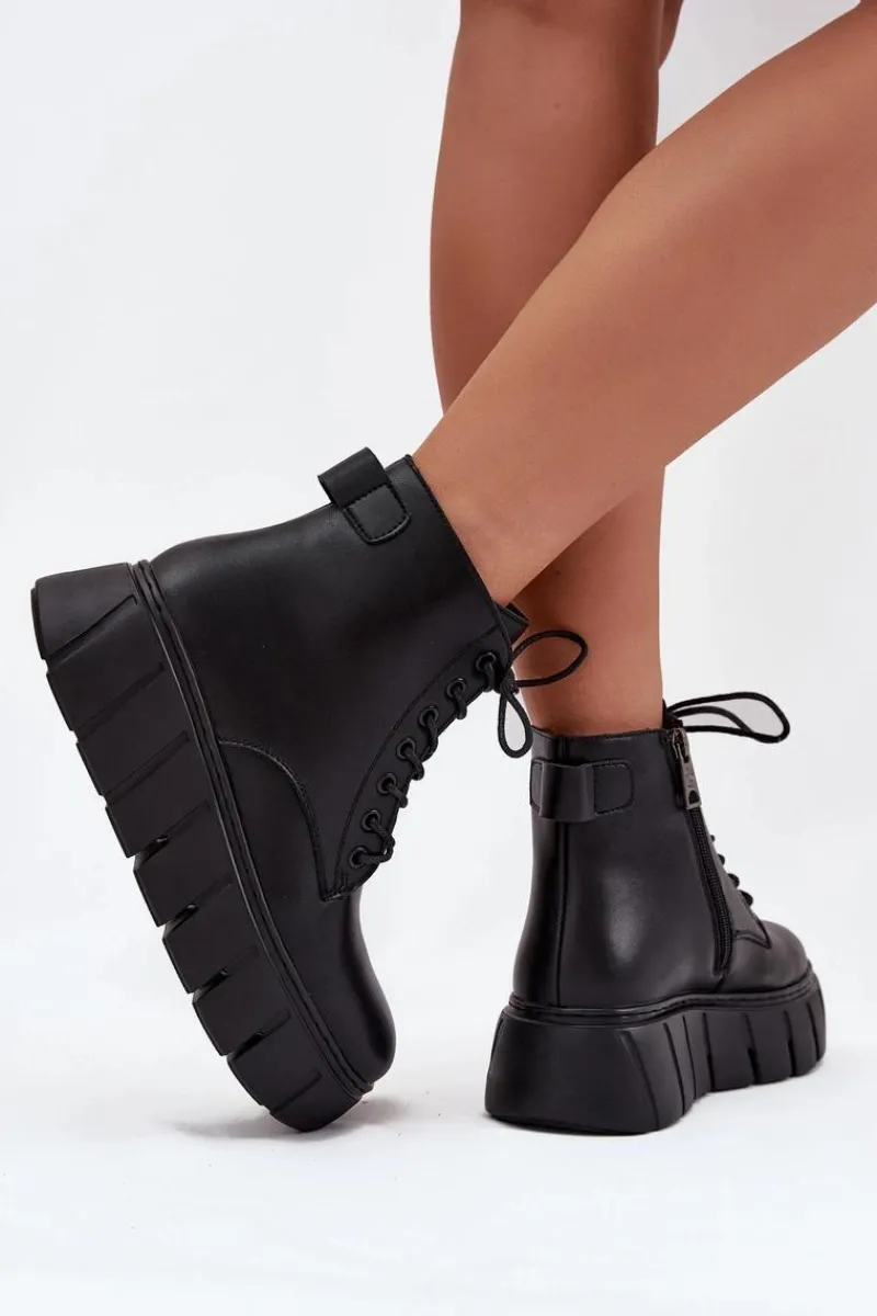 Skórzane Ocieplane Botki Damskie Na Platformie Vinceza 66803 Czarne Damskie Botki Ocieplane|Botki Skórzane