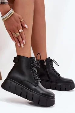 Skórzane Ocieplane Botki Damskie Na Platformie Vinceza 66803 Czarne Damskie Botki Ocieplane|Botki Skórzane