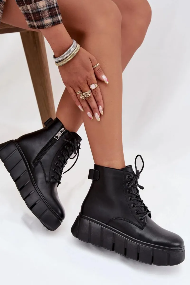 Skórzane Ocieplane Botki Damskie Na Platformie Vinceza 66803 Czarne Damskie Botki Ocieplane|Botki Skórzane