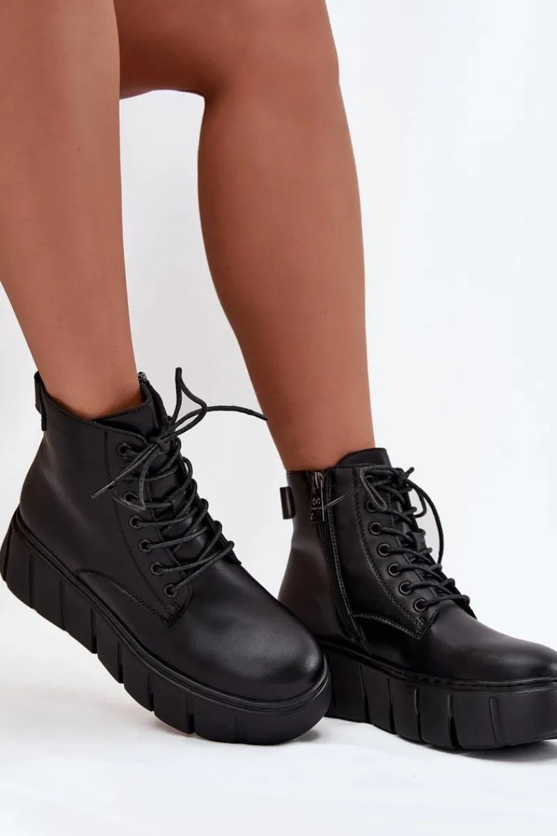 Skórzane Ocieplane Botki Damskie Na Platformie Vinceza 66803 Czarne Damskie Botki Ocieplane|Botki Skórzane