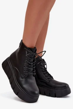 Skórzane Ocieplane Botki Damskie Na Platformie Vinceza 66803 Czarne Damskie Botki Ocieplane|Botki Skórzane