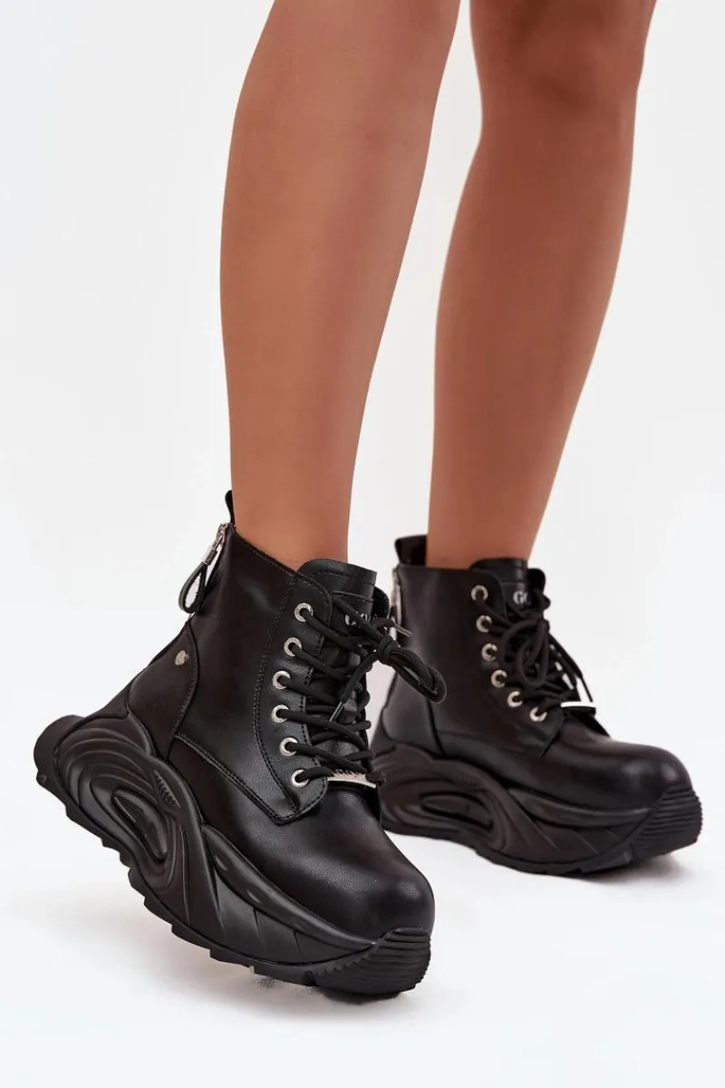 Botki Ocieplane|Damskie Trapery>GOE Skórzane Ocieplane Botki Damskie Na Platformie SS2N4301 Czarne Czarny