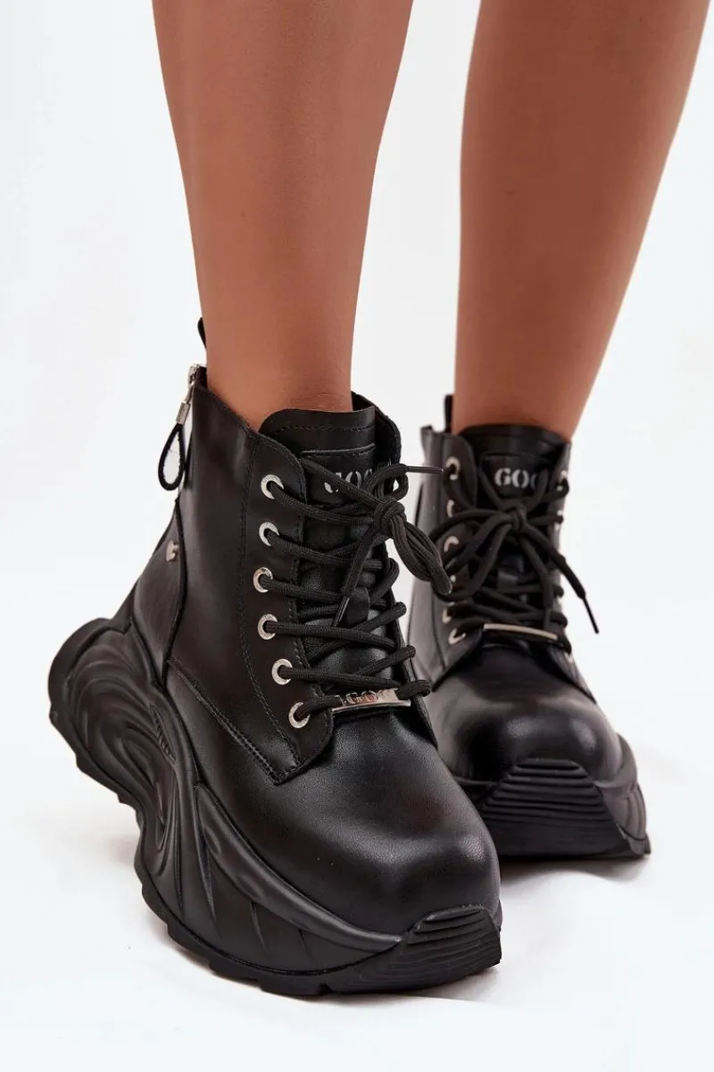 Botki Ocieplane|Damskie Trapery>GOE Skórzane Ocieplane Botki Damskie Na Platformie SS2N4301 Czarne Czarny