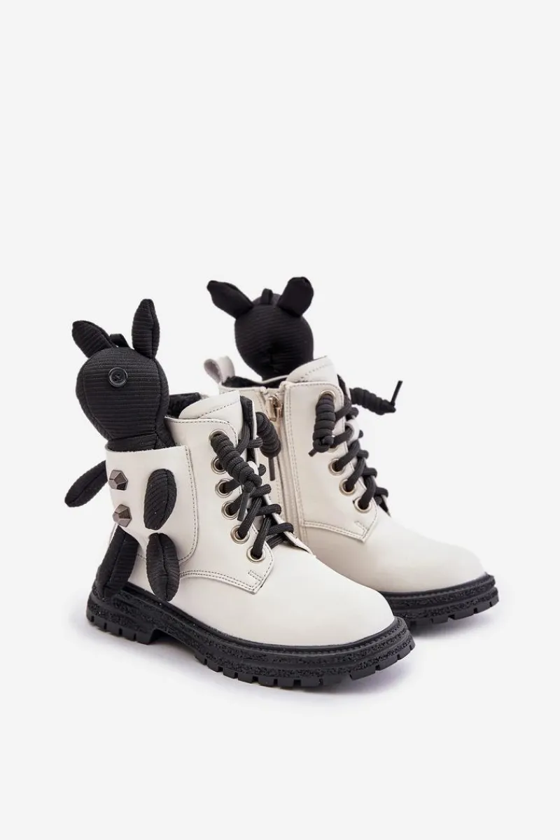Best Skórzane Ocieplane Botki Dziecięce Na Zamek Z Misiem Vinceza 36261 Białe Dzieci Dziewczęce
