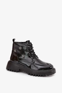 Best Artiker Skórzane Ocieplane Botki Damskie Z Ozdobami Lakierowane 57C0345 Czarne