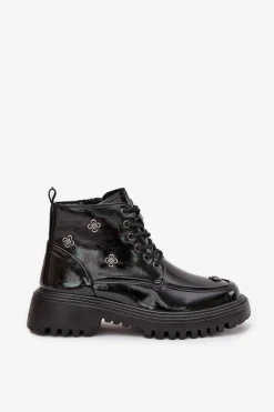 Best Artiker Skórzane Ocieplane Botki Damskie Z Ozdobami Lakierowane 57C0345 Czarne