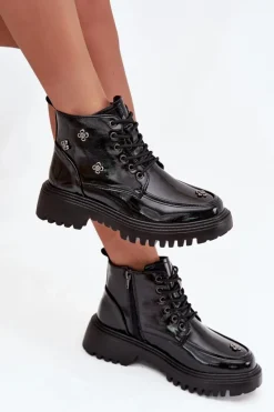 Best Artiker Skórzane Ocieplane Botki Damskie Z Ozdobami Lakierowane 57C0345 Czarne