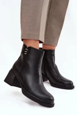 Hot Buty damskie Vinceza Skórzane Ocieplane Botki Damskie Na Klocku Vinceza 91159 Czarne Czarny