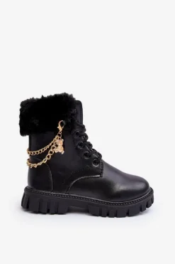 Hot Boto Skórzane Ocieplane Botki Dziecięce Z Łańcuchem Czarne Cadia