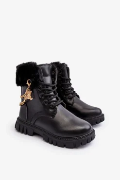 Hot Boto Skórzane Ocieplane Botki Dziecięce Z Łańcuchem Czarne Cadia