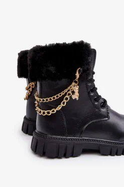 Hot Boto Skórzane Ocieplane Botki Dziecięce Z Łańcuchem Czarne Cadia