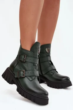 Botki Ocieplane|Botki Na Obcasie>Zazoo Skórzane Ocieplane Botki Damskie Z Klamrami I Ozdobnym Detalem 60482 Ciemnozielone Zielony