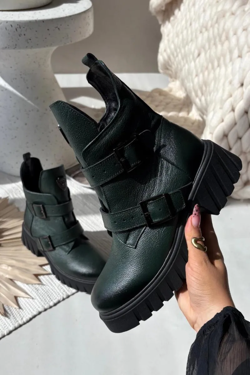 Botki Ocieplane|Botki Na Obcasie>Zazoo Skórzane Ocieplane Botki Damskie Z Klamrami I Ozdobnym Detalem 60482 Ciemnozielone Zielony