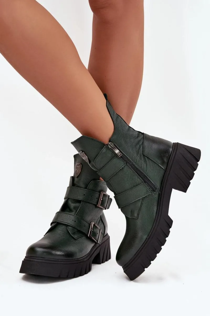 Botki Ocieplane|Botki Na Obcasie>Zazoo Skórzane Ocieplane Botki Damskie Z Klamrami I Ozdobnym Detalem 60482 Ciemnozielone Zielony
