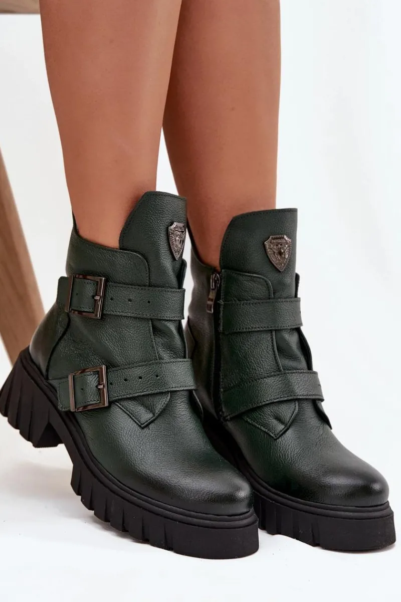 Botki Ocieplane|Botki Na Obcasie>Zazoo Skórzane Ocieplane Botki Damskie Z Klamrami I Ozdobnym Detalem 60482 Ciemnozielone Zielony