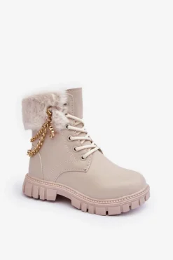Dziewczęce>Boto Skórzane Ocieplane Botki Dziecięce Z Łańcuchem Beżowe Cadia
