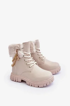 Dziewczęce></noscript>Boto Skórzane Ocieplane Botki Dziecięce Z Łańcuchem Beżowe Cadia
