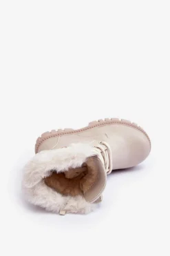 Dziewczęce></noscript>Boto Skórzane Ocieplane Botki Dziecięce Z Łańcuchem Beżowe Cadia
