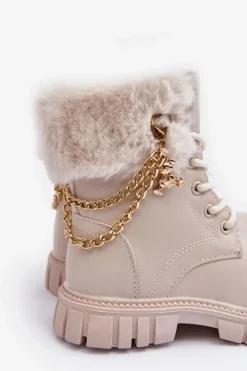Dziewczęce></noscript>Boto Skórzane Ocieplane Botki Dziecięce Z Łańcuchem Beżowe Cadia