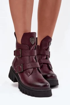 Zazoo Skórzane Ocieplane Botki Damskie Z Klamrami I Ozdobnym Detalem 60482 Bordowe Czerwony